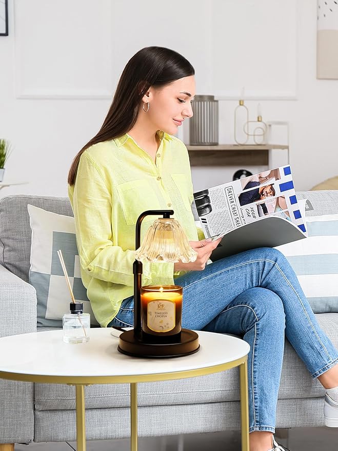 Flower Candle Warmer Lamp with Timer - Adjustable Height Wax Melt Warmer for Scented Jar Candles Light, Women Birthday Gifts for Mom, House Warming Gifts New Home Vintage Room Decor, Black