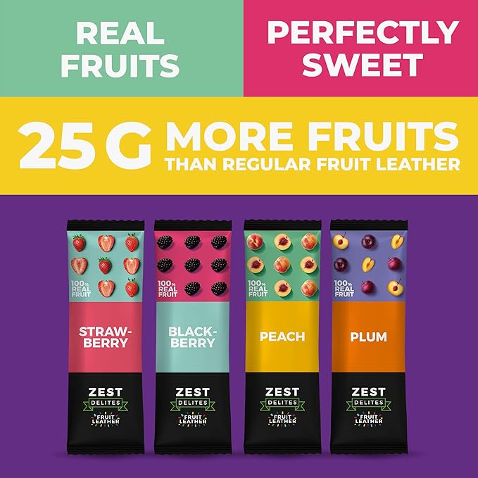 Fruit Snacks by Zest Delites, Fruit Leather, Healthy Snacks for Adults & Kids, Vegan Apple-Based Strips, Dried Strawberry-Peach-Blackberry-Plum Bars, 0.88 oz x 36