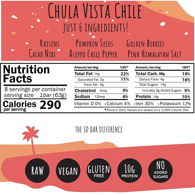 San Diego Bar-Chula Vista Chile | Chile Mild Heat | RAW & Vegan Protein Bars | Sugar-Free | Gluten Free | Breakfast Bars | Energy Bars | Snack Bars | 6 Whole Food Ingredients | 10g Plant-Based Protein