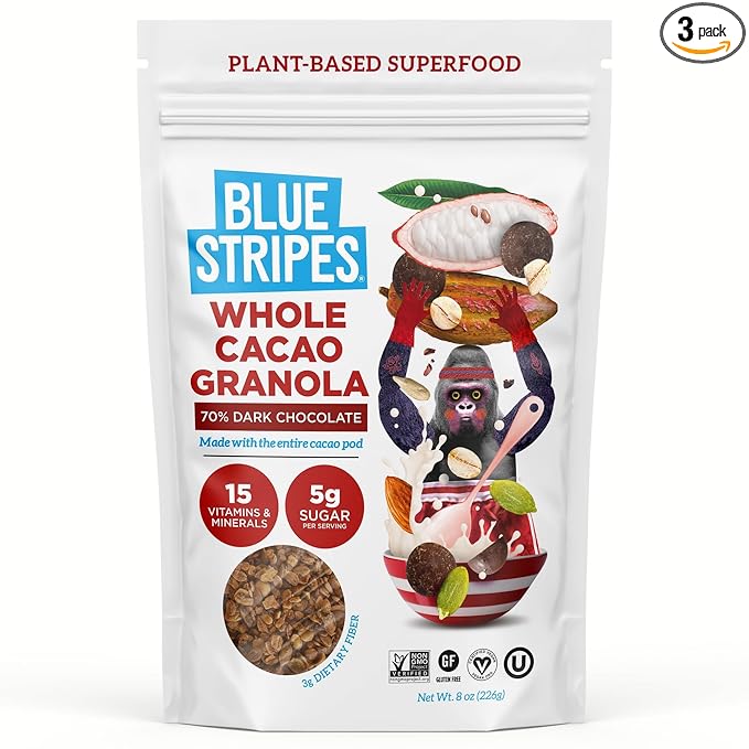 Blue Stripes Whole Cacao Granola - Gluten Free 70% Dark Chocolate Granola for Cereal, Oatmeal, Yogurt, 5g Protein Per Serving, Source of Fiber, Vegan, Low Sugar - Dark Chocolate, 8 oz Bag (3 Pack)