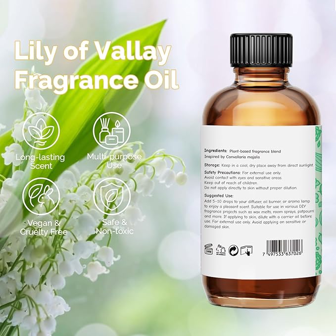 Lily of Valley Fragrance Oil 2 Oz, Natural Scent Oil for Home Essential Oils Diffuser, Candle Making, Soap Making, DIY Body Oils, Perfume, Body Mist, Spray - Floral Scent