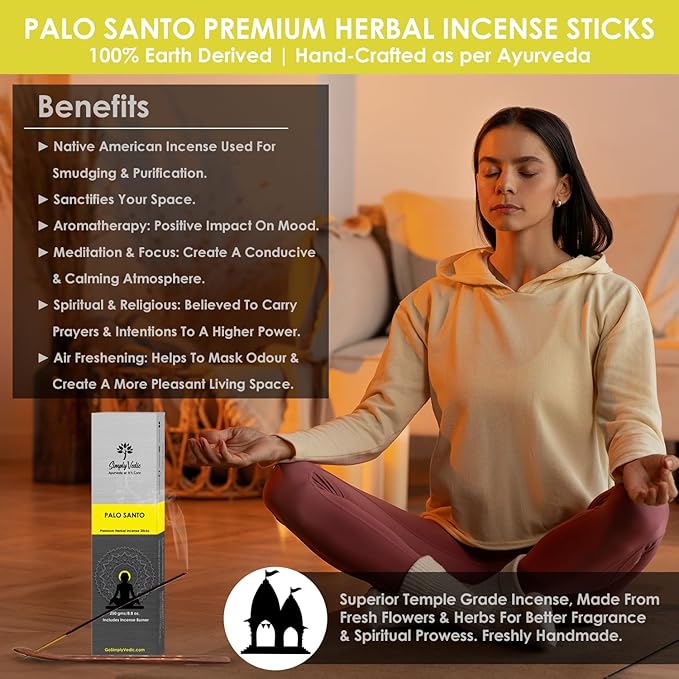 Simply Vedic Palo Santo Incense Sticks β 250g Pack (Approx. 135 Handmade Agarbatti + Free Holder) | Natural & Charcoal-Free | 45-Min Burn for Meditation, Yoga, Aromatherapy, Energy Cleansing