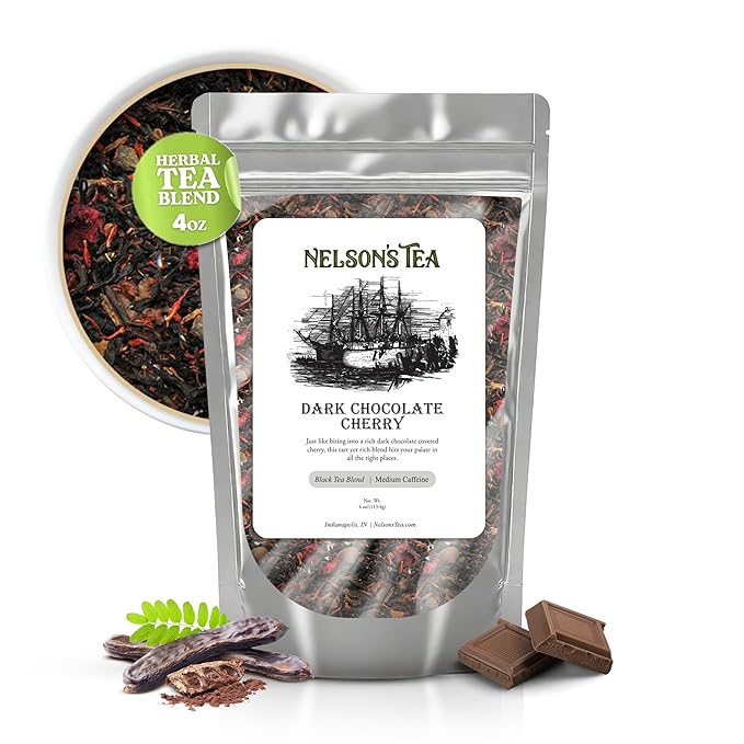 Nelson's Tea Dark Chocolate Cherry - Rich blend of Pu-erh Black Tea, Chocolate Chips, Wild Cherry Bark, Dried Cherries Herbal Loose Leaf Tea - 4oz