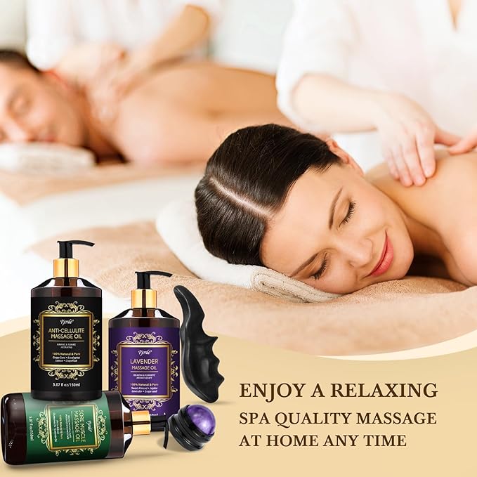 3 Pack Massage Oil for Massage Therapy, Lavender Oil for Relaxation, Sore Muscle Arnica Oil & Cellulite Massage Oil, with Massage Roller Ball & Thumb Saver Massage Tool, Massage Kit for Him Her