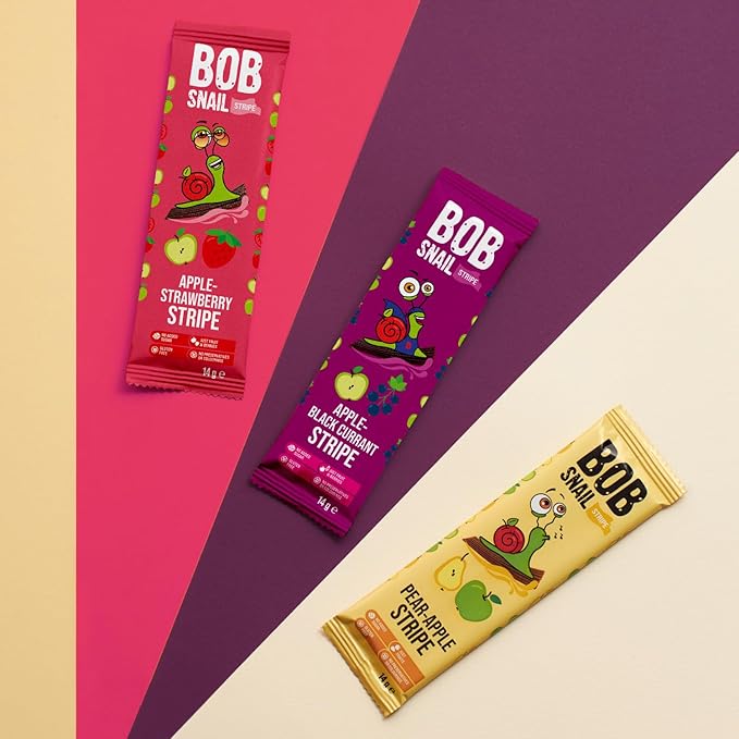 BOB SNAIL Healthy Organic Fruit Snacks for Kids and Adults–30 Organic Fruit Leather Snacks with Apple-Pear, Strawberry, Black Currant–Vegan Low-Carb Variety Pack Strips for Kids–Sugar Free Jerky Bars