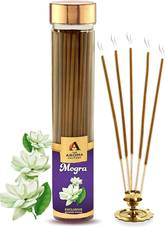 The Aroma Factory Mogra Agarbatti for Pooja, Luxury Incense Sticks, Low Smoke and Zero Charcoal and Fresh Fragrance for Home, Meditation (100g)