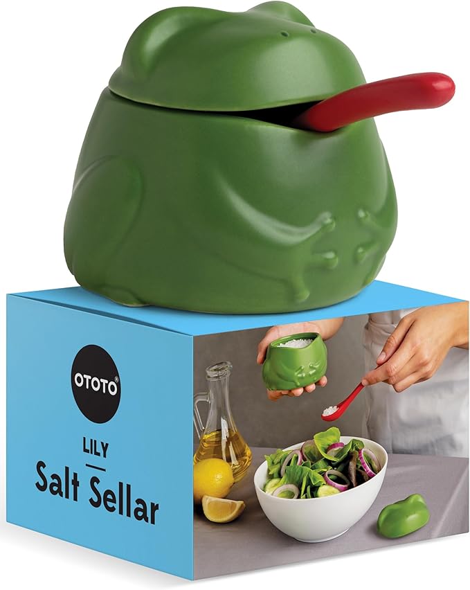 OTOTO NEW Lily Salt Cellar with Lid and Spoon - 6 oz Frog Salt Containers for Countertop, Ceramic Salt Holder with Lid for Sugar, Frog Stuff, White Elephant Gifts, Cute Gifts Accessories - Green