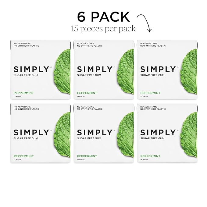 SIMPLY Gum | Dental Gum | Xylitol Chewing Gum - Sugar Free | Peppermint | Pack of Six (90 Pieces Total) | Synthetic Plastic Free + Sugar Free + Aspartame Free