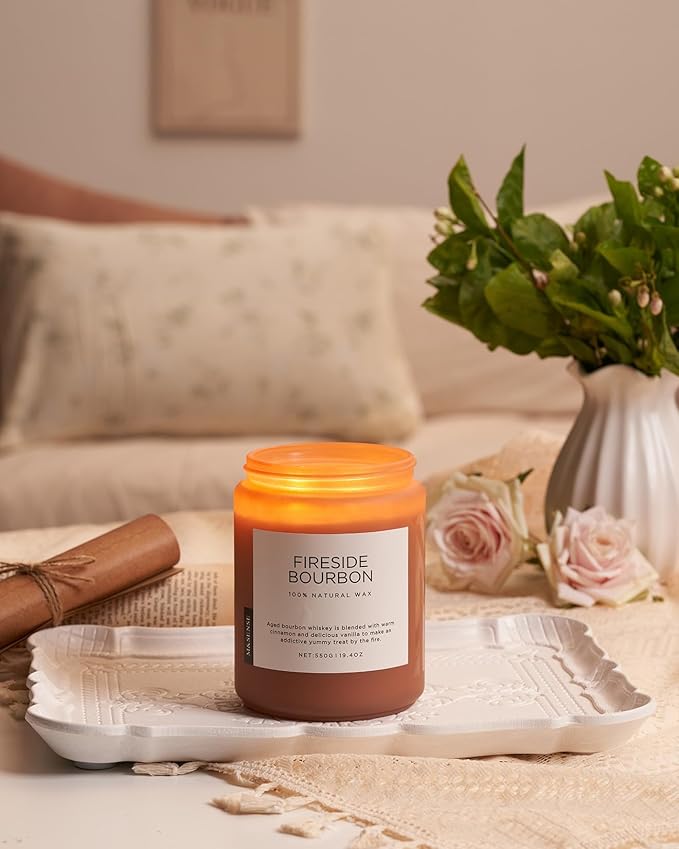 M&SENSE Fireside Bourbon Candles Strong Scented, 2 Wick Jar Candle 19.4oz 110 Hour Long Lasting, Organic Natural Soy Wax Candle for Bedroom Kitchen Home Decor, Warm Housewarming Gifts for Men Women