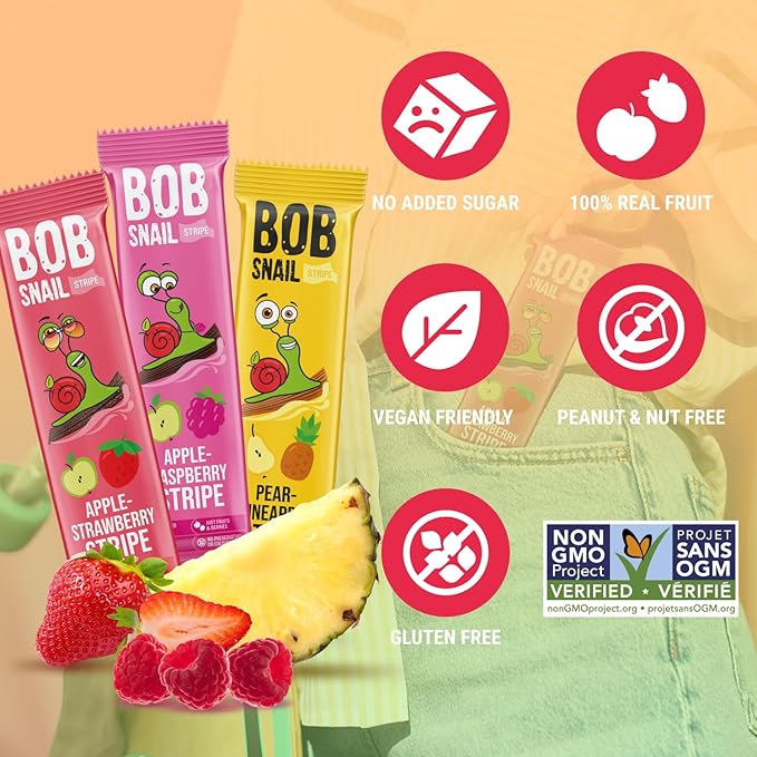BOB SNAIL Healthy Organic Fruit Snacks for Kids and Adults – 30 Organic Fruit Leather Snacks with Strawberry, Raspberry, Pineapple – Vegan Low-Carb Variety Pack Strips for Kids – Sugar Free Jerky Bars