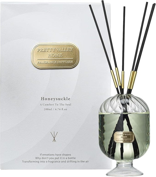 Reed Diffuser Set, Pretty Valley Home Diffuser 200Ml / 6.76 fl OZ Gift Box - Includes Reed Diffuser Sticks, Long Lasting Fragrance Oil and Glass Bottle for Office Living Room Decor (Honeysuckle)