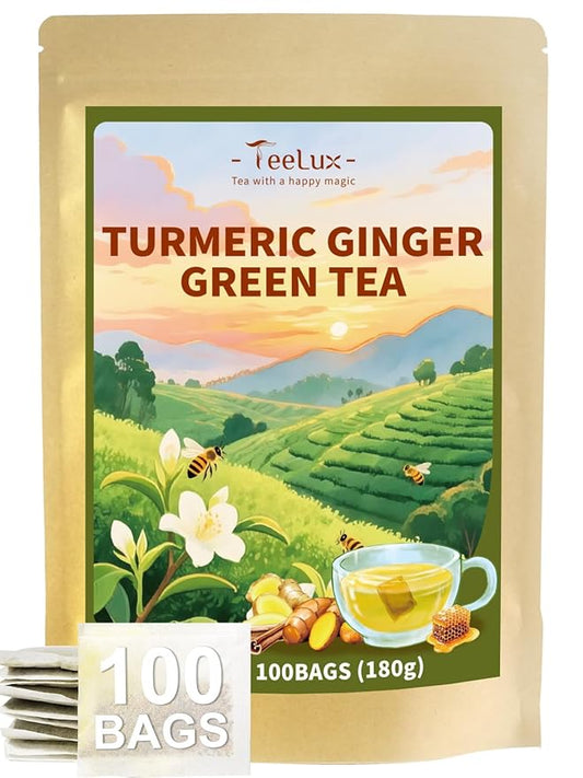 TeeLux Ginger Turmeric Green Tea Bags, Smooth Steamed Green Tea with Spicy Ginger, Earthy Turmeric & Sweet Honey Aroma, 100 Count, Hot & Iced Tea