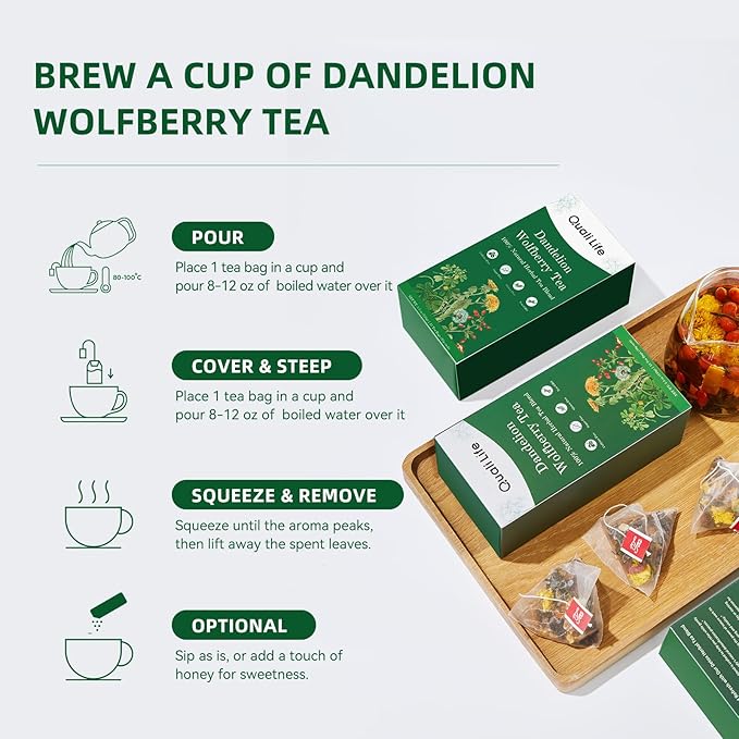 Dandelion Wolfberry Tea - Liver & Kidney Detox Herbal Tea, Summer Cleanse with Chrysanthemum, Wolfberry, Organic Dandelion Root, Cassia Seed, Licorice Chinese Herbal Tea Bag (2 Packs, Dandelion)