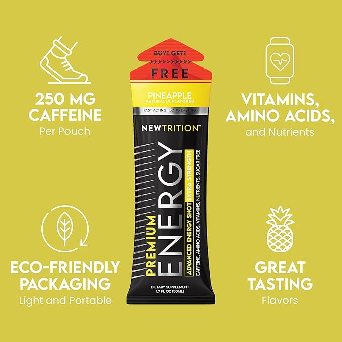NewTrition® Extra Strength Energy Shots, 250mg Caffeine Energy Shots with Vitamin B & Amino Acids, Sugar-Free Vitamin Energy Shot, 1.7 fl oz (Pack of 24, Pineapple)