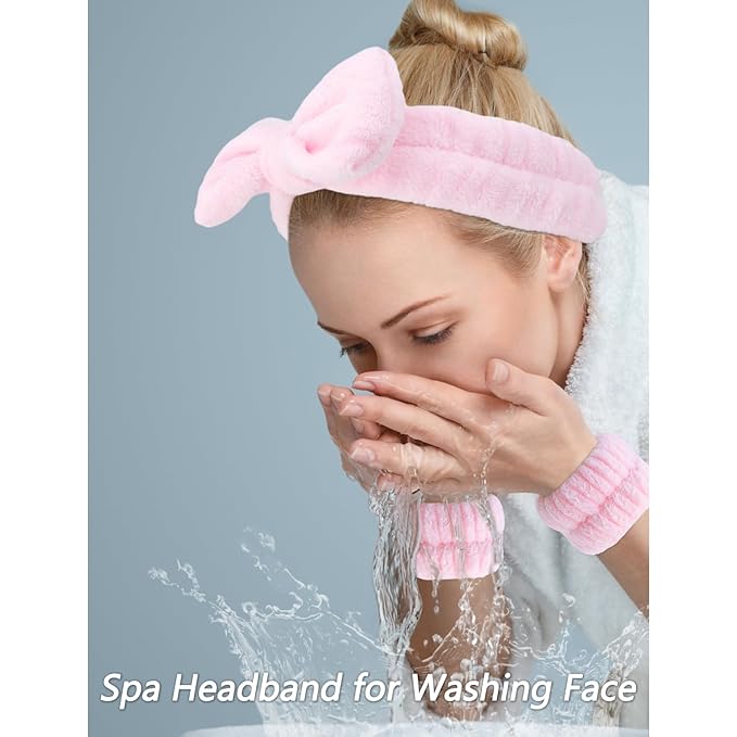 VELSCRUN 6 Pack Spa Headband, Makeup Headband, Face Wash Headbands, Skincare Headbands, Pink Sponge Hair Band Bow Tie Spa Head Band for Washing Face Wristband Set Hair Accessories for Women Girls