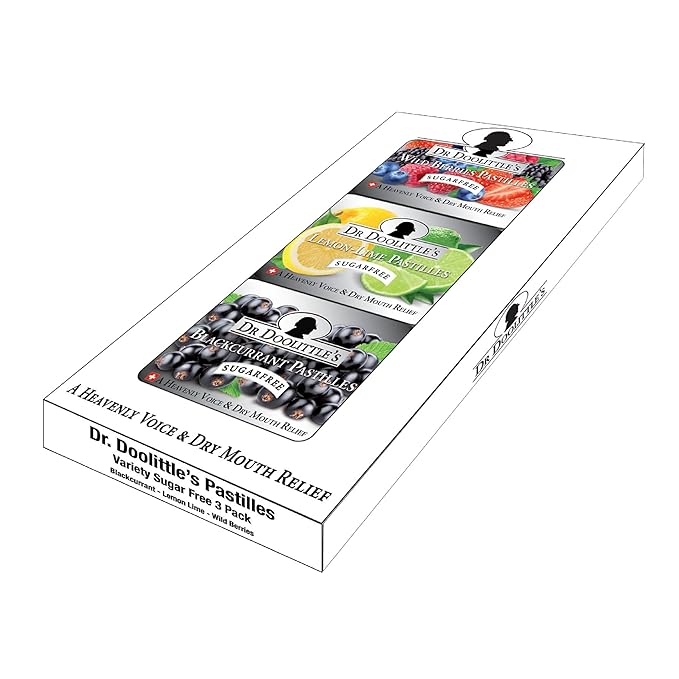 DOOLITTLE Sugar Free Soft Fruit Pastilles for Voice and Throat, Blackcurrant, Lemon Lime, and Wild Berries Variety Flavor Pack, 2.12 Ounce Tin, Approximately 25 Count Package, 3 Tin Gift Set