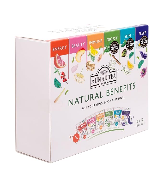 Ahmad Tea Natural Benefit Functional Tea Selection Pack | Green teas, Fruit & Herbal Infusions | Perfect herbal tea gift - 60 Teabag Sachets | 6 blends