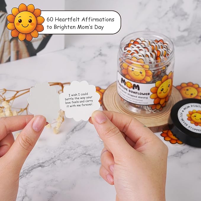 Positive Sunflower Jar for Mom, Affirmation Cards, Inspirational, Self Care Gifts for Women, Emotional Support, Encouragement Cards, Birthday Gift for Mom from Daughter, Son