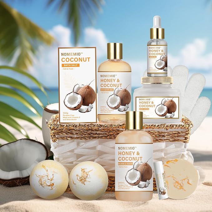 Spa Gift Basket for Women, 11pcs Honey & Coconut Luxury Bath Gift Set, Spa Kit with Shower Gel, Bubble Bath, Bath Bombs , Christmas Gifts for Her, Women, Mom Birthday