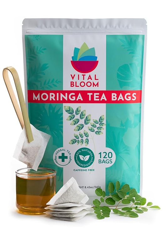 Vital Bloom 120 Tea Bags Moringa Tea, 100% Natural Moringa Leaves Herbal Tea, Supporting Digestion & Immune System - Bleach Free Tea Bags, Non-GMO (Free Bamboo Tongs Included)