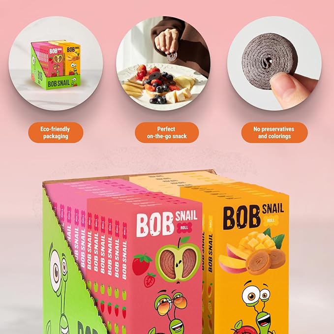 BOB SNAIL Healthy Organic Fruit Snacks for Kids and Adults – 60 Organic Fruit Roll Up with Mango,Pear, Strawberry, Raspberries–Vegan Low-Carb Variety Pack Leather Strips for Kids–Sugar Free Jerky Bars