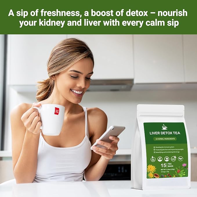 Liver Detox Tea, Chinese Kidney and Liver Cleanse Detox Herbal Tea Support Kidney Healthy Function with 11 Precious Ingredients Formula (15 Bags/1 Pack)
