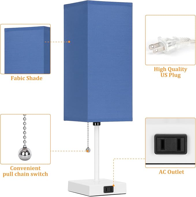 18'' Table Lamp for Bedroom set of 2,3-Color Bedside Lamps with Pull Chain Table Lamps for Night stands ,Small Night Light Lamps with 2 Bulbs Lamps for Living Room Kids Room Office Decor(Blue+White)