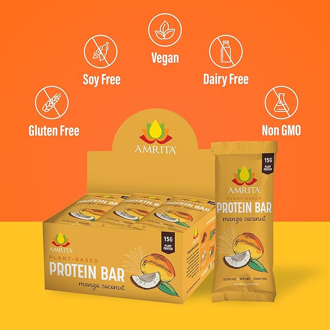 Amrita Nut Free Mango Coconut Vegan Protein Bars (12 Count PK of 3) | 11g Plant-Based Protein Bar | Peanut Free, Gluten Free, and Dairy Free | Low Sugar, High Fiber, Healthy School-Safe Snacks