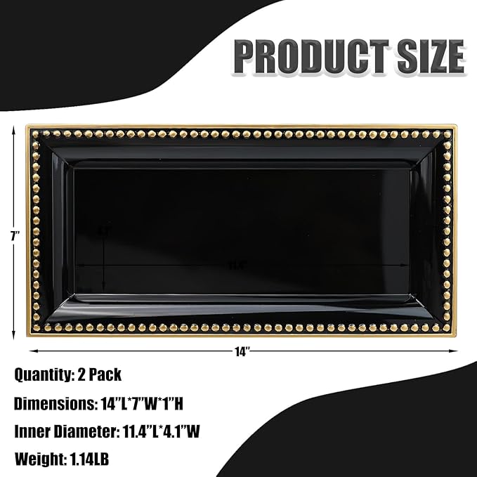 2 Pack Black Bathroom Vanity Tray for Countertop with Beads, Small Plastic Toilet Tank Versatile Storage Organization Tray for Makeup, Perfume, Desk, Kitchen, Candles, 14"x7"x1", 36B