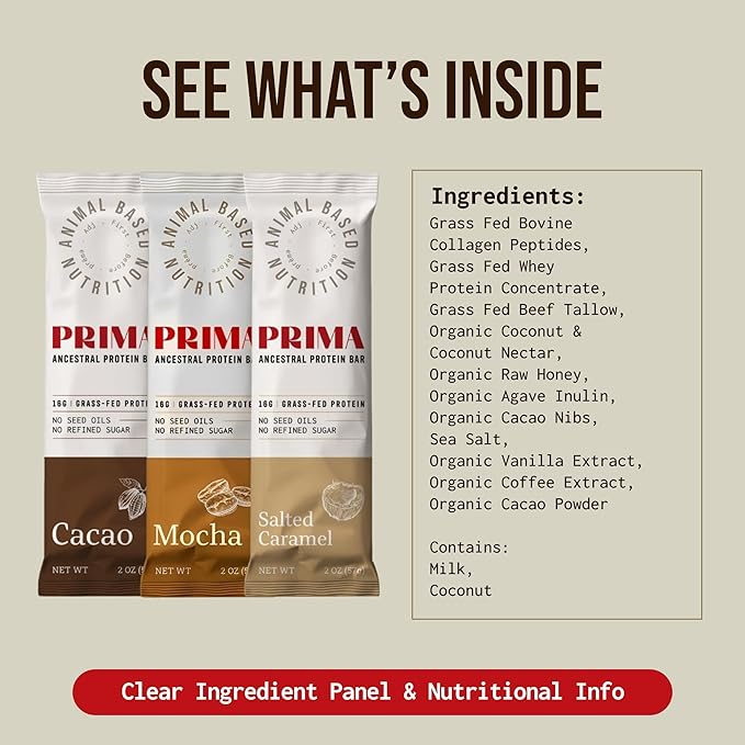 PRIMA ANCESTRAL PROTEIN BAR Grass Fed Protein Bars, 7 Pack – Animal-Based Protein Bar with Beef Tallow, Raw Honey, Seed Oil Free, Low Carb, Gluten-Free – Healthy, Energy Snacks for Clean Lifestyle (7 Pack, Variety Pack)