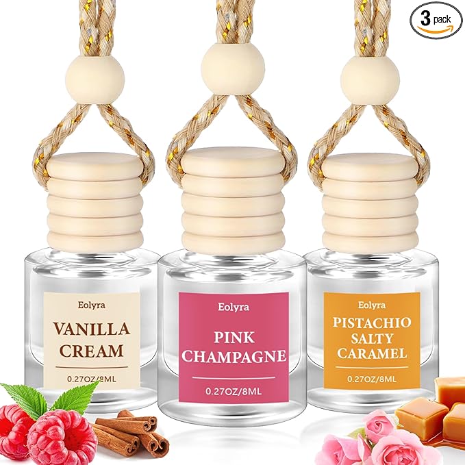 Hanging Car Air Freshener (Pack of 3) : Luxury Car Perfume for Women Men | Cute & Reusable Bottle with 45+ Days Long-Lasting Fragrance Oil Diffuser, Vanilla Cream & Pink Champagne & Pistachio