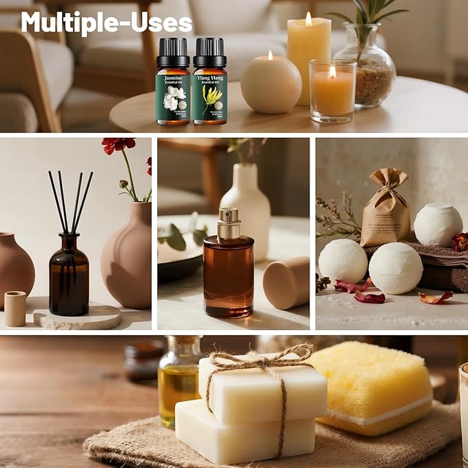 Floral Essential Oils Set Pure, Mumianhua Lavender, Rose, Jasmine, Ylang Ylang, Gardenia, Freesia - Natural Women's Classic Aromatherapy Gift Set for Diffuser, Humidifier, Candle & Soap Making 6x10ml