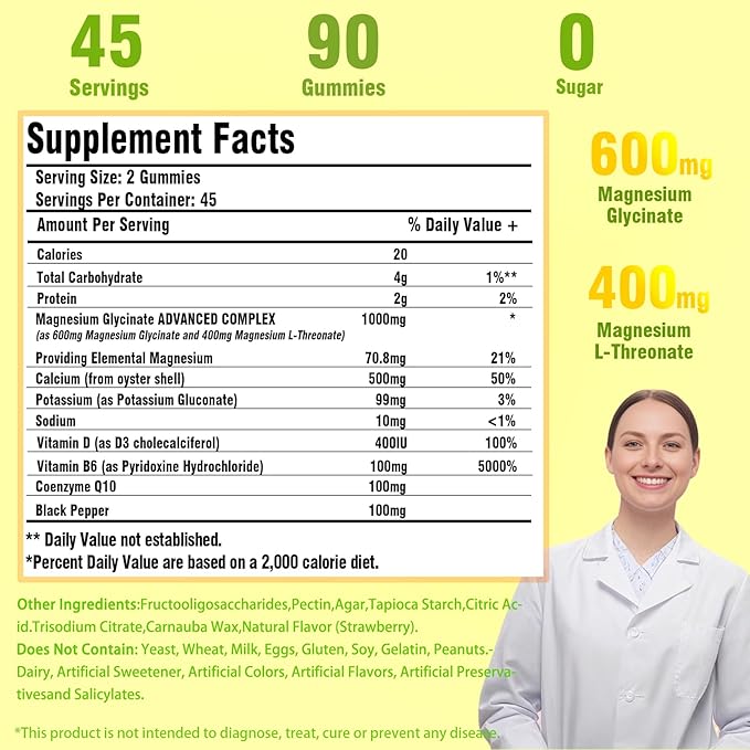 Magnesium Glycinate Gummies for Adults & Kids, 1000mg High Absorption Magnesium Complex Supplement, Sugar Free with Potassium,Vitamin D&B6 for Calm, Better Sleep - 90 Counts Orange