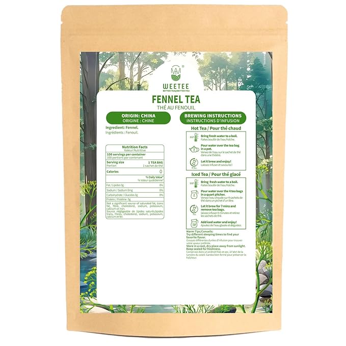 WT WEETEE Fennel Tea Bags 100 Count, 100% Natural & Pure Fennel Seeds Tea, Smooth & Sweet, No Sugar, Caffeine-Free