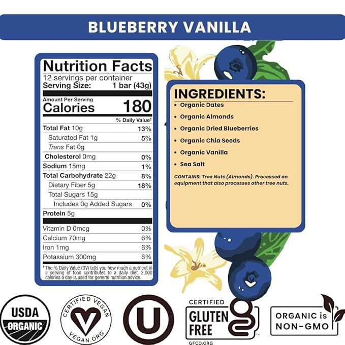 Bearded Brothers, Organic Vegan Protein Energy Bars, Blueberry Vanilla (12 Pack) - Gluten Free, Paleo, Fiber, Whole 30 | Non GMO Low Glycemic Snacks (Packaging May Vary)