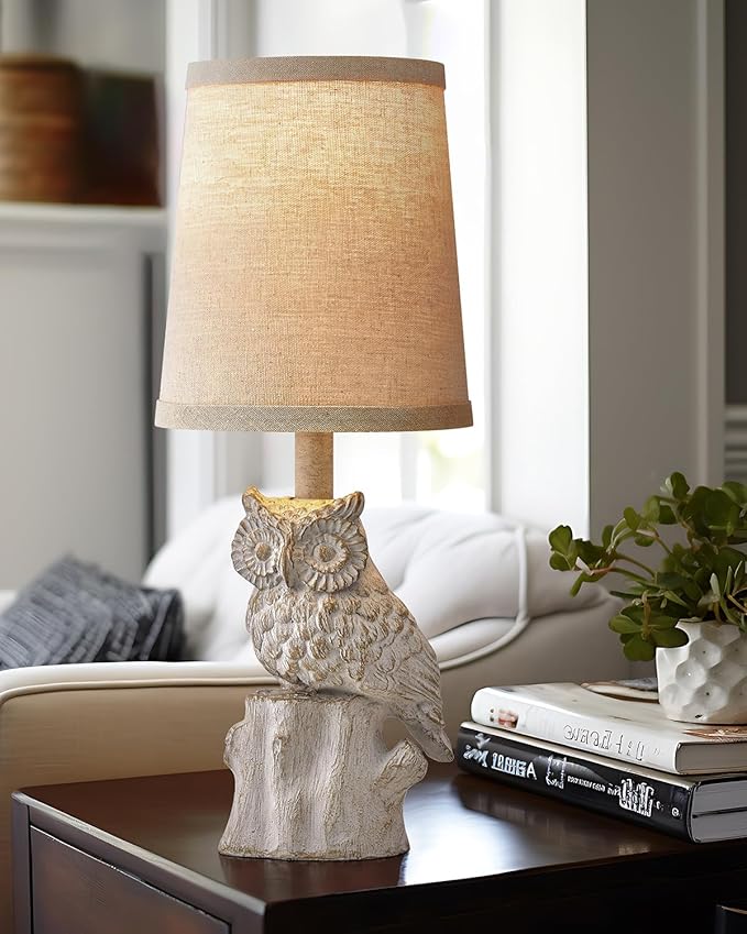 14.25" Small Table Lamp for Living Room Farmhouse Bedside Resin Single Lamp with White Owl Lamp Shape for Bedroom Retro Rustic Nightstand Lamp