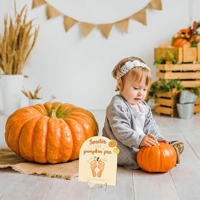 Sereliy Baby's First Thanksgiving DIY Footprint Art Card, Wooden Thanksgiving Baby Sign Keepsake Ornaments for Baby Shower Newborn Photoshoot Prop(Pumpkin)