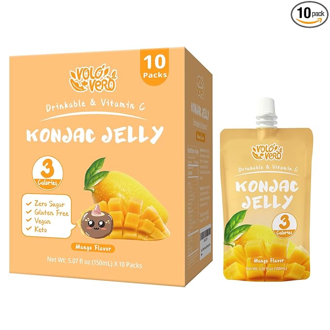 VOLO VERO Konjac Jelly Squeeze Pouch Mango Flavor, Low Calories (3 Kcal), 10 Packs, Gluten Free & Vegan, 0 Sugar, Keto, Low Carb, Drinkable Vitamin C Healthy Fruit Snacks, Holiday Gifts