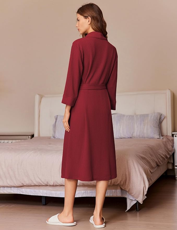 Ekouaer Robes for Women Long Waffle Knit Bathrobe Lightweight Kimono Robe Soft Shawl Collar Spa Robes with Pockets S-XXL