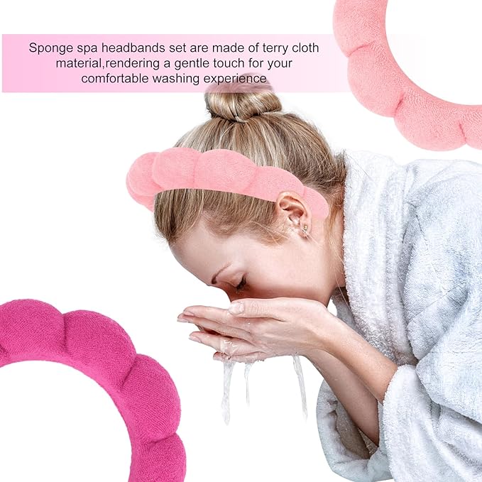 AMCAMI Puffy Spa Headband for Women Sponge Headbands for Girls 2 PCS Terry Towel Cloth Fabric Head Band for Skincare,Makeup Removal,Face Washing,Facial Mask,Shower,Hair Accessories(Red&Light Pink)