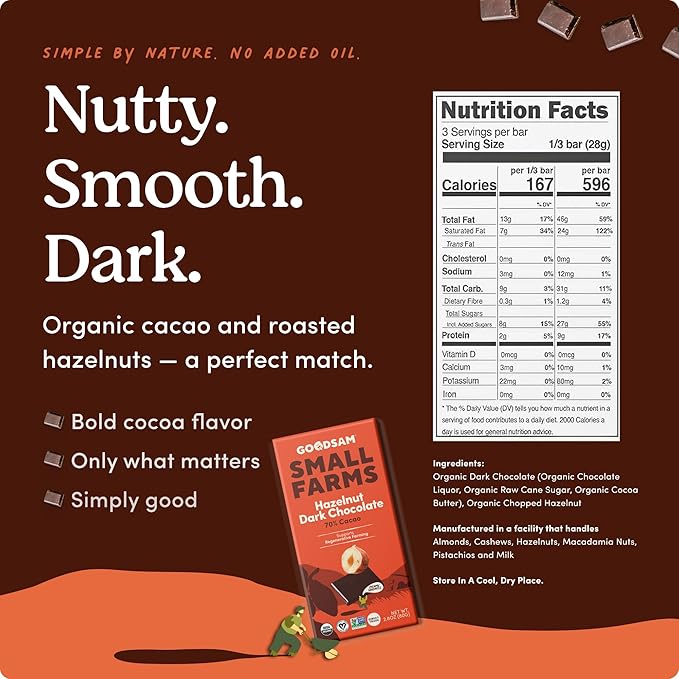 GoodSAM Hazelnut Dark Chocolate Bars - (Pack of 3) – 70% Cacao Premium Organic Dark Chocolate with Roasted Hazelnuts – Fair Trade Snacks that Support Small Family Farms