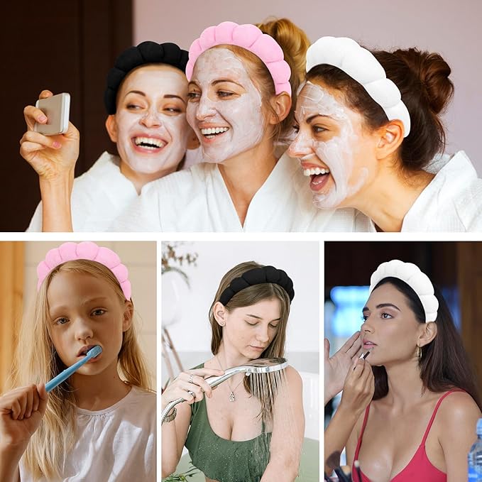 3 Pack Spa Headbands - Terry Cloth Puffy Hair Bands for Skincare, Makeup, and Face Washing
