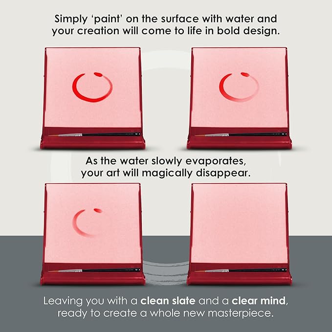 Mini Buddha Board Art Set: Water Drawing Writing Board w/ Mini Water Brush for Mindfulness & Meditation – Zen Based Drawing Board - Painting & Art Supplies – Ideal Relaxation Gifts (5” x 5”, Red)