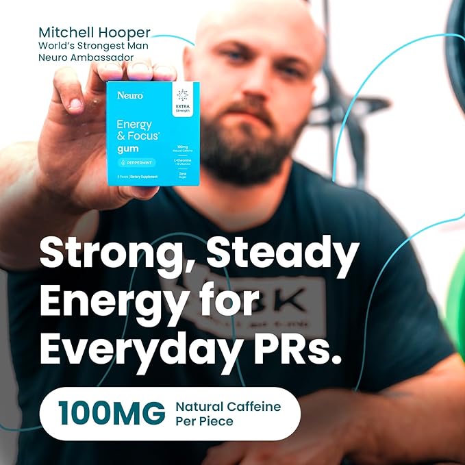 NeuroGum Extra Strength Energy & Focus Gum (Peppermint, 54 Pieces) | 100mg Natural Caffeine + L-Theanine + Vitamin B12 & B6 + Xylitol | Sugar Free Nootropic Cognitive Brain Performance Supplement