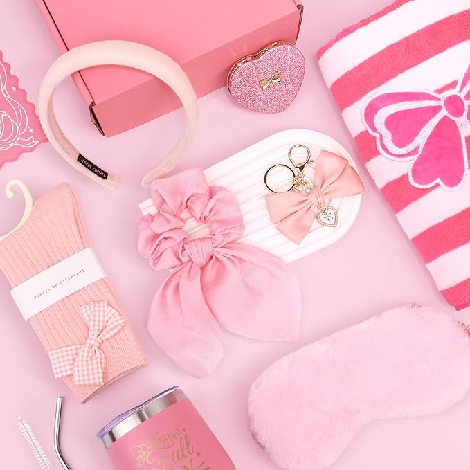 Birthday Gifts for Women Friendship Unique - Pink Bow Birthday Gifts for Teen Girls - Self Care Get Well Soon Presents Basket for Mom Sister Friend Bestie Wife Her Girlfriend Coworkers