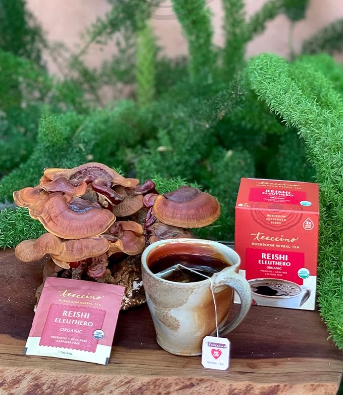 Teeccino Reishi Eleuthero Tea - French Roast - Organic Mushroom Adaptogenic Herbal Tea, 3x More Herbs than Regular Tea Bags, Caffeine Free, Chicory Prebiotic - 25 Tea Bags
