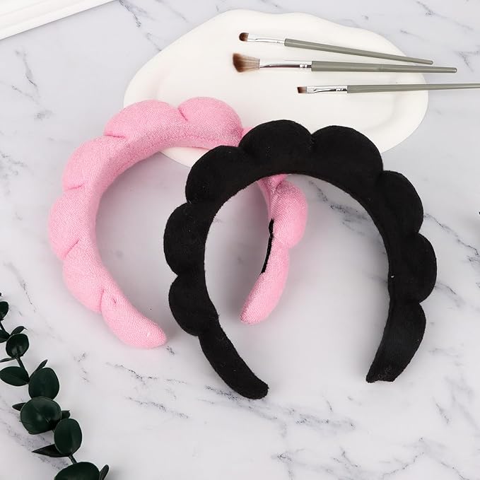 AMCAMI 2 PCS Puffy Spa Headband for Women Sponge Headbands for Girls Terry Towel Cloth Fabric Head Band for Skincare,Makeup Removal,Face Washing,Facial Mask,Shower,Hair Accessories(Black&Light Pink)