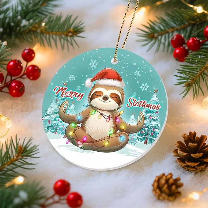 34HD 2.9" Ceramic Hanging Ornament for Christmas Tree, Lightweight Both Sides Printed Flat Ornament, Christmas Decoration, Sloth