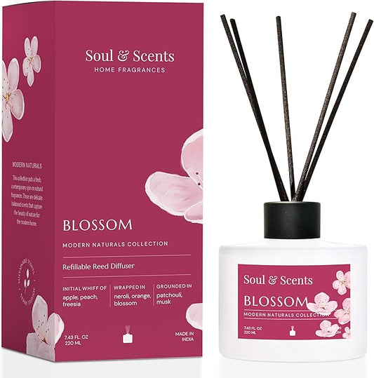 Soul & Scents Reed Diffuser Set – Blossom | 7.43 oz Refillable Scented Oil with 6 Fiber Sticks | Long-Lasting Home Fragrance & Air Freshener for Bedroom, Bathroom, Office | Gift & Décor Piece