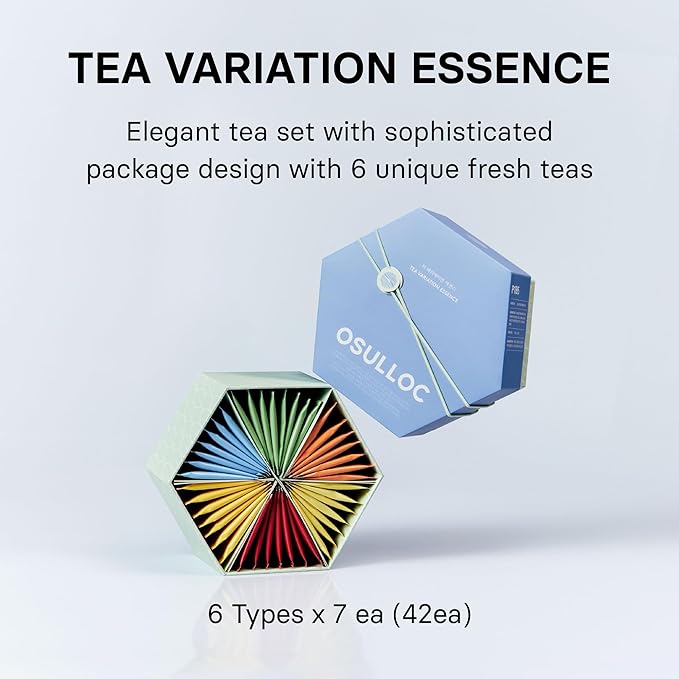 OSULLOC TEA VARIATION ESSENCE (42 Count, 6 Types x 7 ea), Assorted Tea bag Sampler, Exceptional Designed Variety Tea gift Set, Premium Tea sets from Jeju Island tea farm